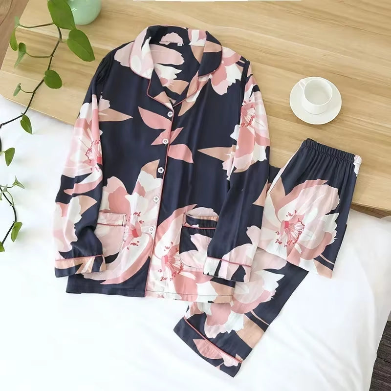 Spring / Summer New 100% Viscose Long-Sleeved Trousers Ladies Pajamas Suit 3XL plus Size Long Sleepwear Women'S Home Nightwear