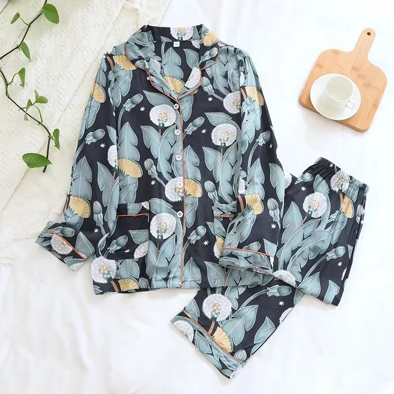 Spring / Summer New 100% Viscose Long-Sleeved Trousers Ladies Pajamas Suit 3XL plus Size Long Sleepwear Women'S Home Nightwear