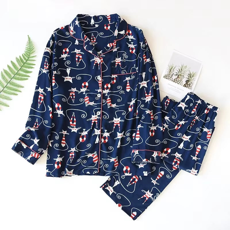 Spring / Summer New 100% Viscose Long-Sleeved Trousers Ladies Pajamas Suit 3XL plus Size Long Sleepwear Women'S Home Nightwear