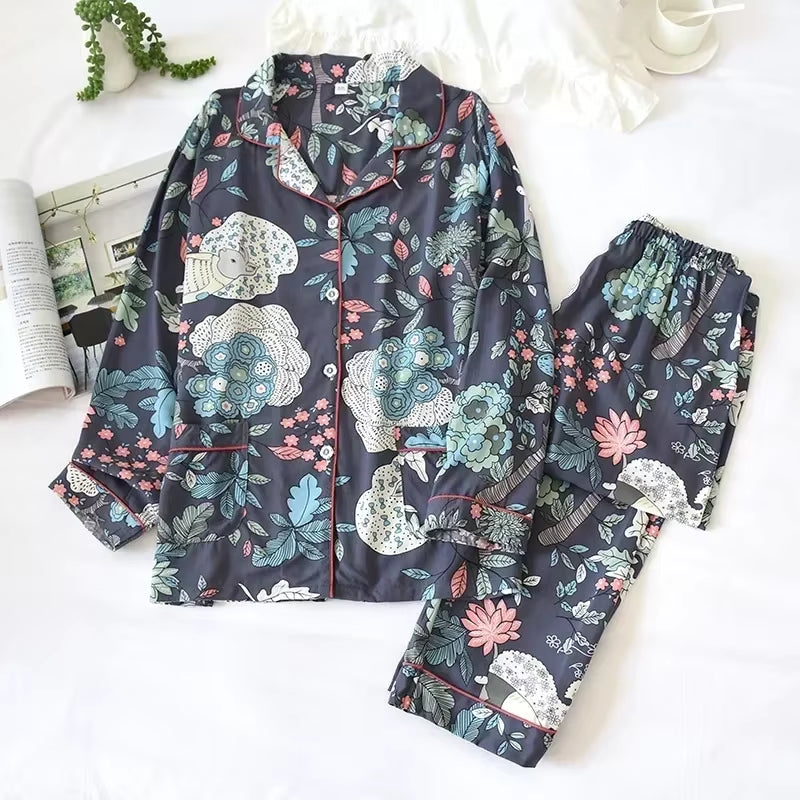 Spring / Summer New 100% Viscose Long-Sleeved Trousers Ladies Pajamas Suit 3XL plus Size Long Sleepwear Women'S Home Nightwear