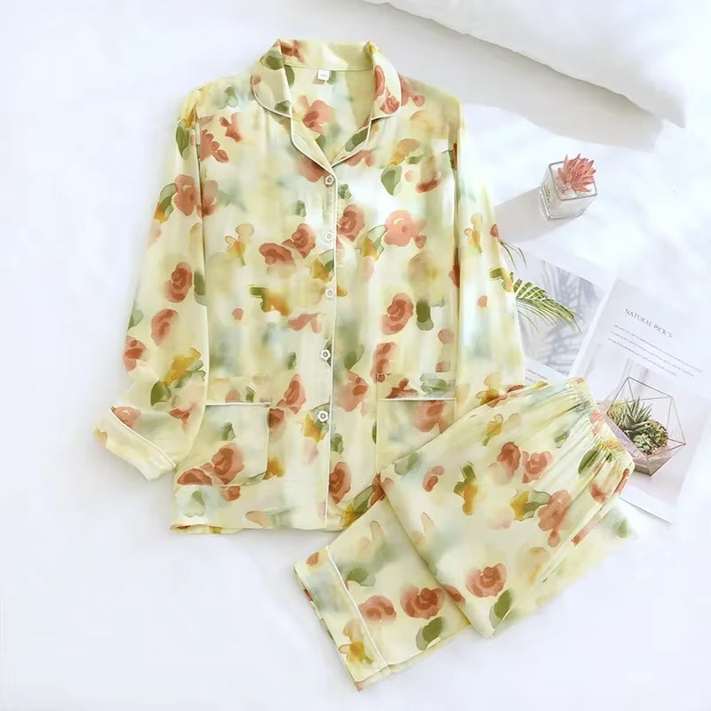 Spring / Summer New 100% Viscose Long-Sleeved Trousers Ladies Pajamas Suit 3XL plus Size Long Sleepwear Women'S Home Nightwear