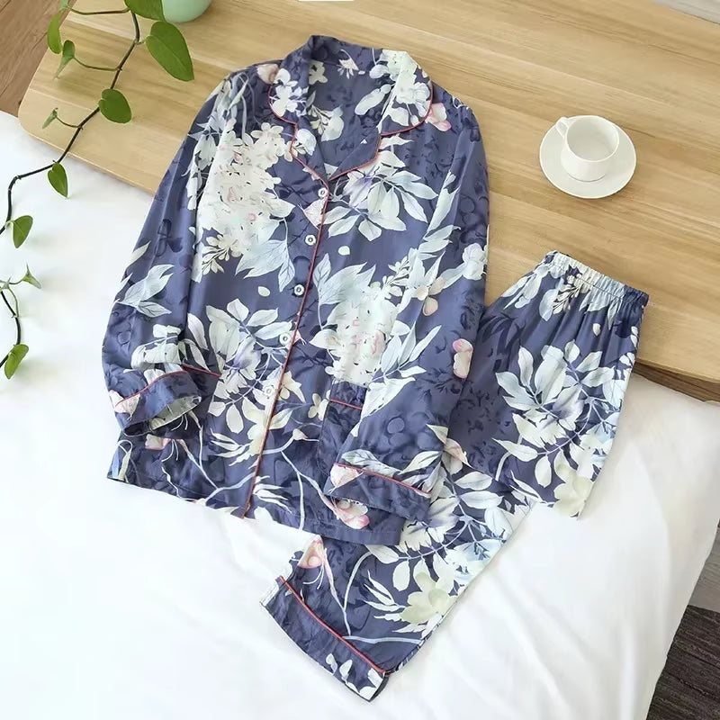 Spring / Summer New 100% Viscose Long-Sleeved Trousers Ladies Pajamas Suit 3XL plus Size Long Sleepwear Women'S Home Nightwear