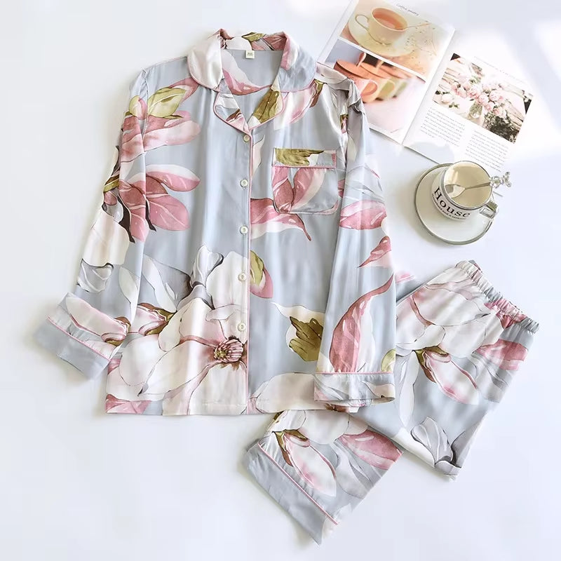 Spring / Summer New 100% Viscose Long-Sleeved Trousers Ladies Pajamas Suit 3XL plus Size Long Sleepwear Women'S Home Nightwear