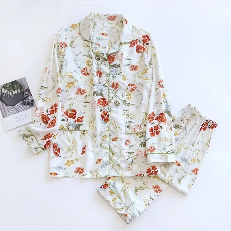 Spring / Summer New 100% Viscose Long-Sleeved Trousers Ladies Pajamas Suit 3XL plus Size Long Sleepwear Women'S Home Nightwear