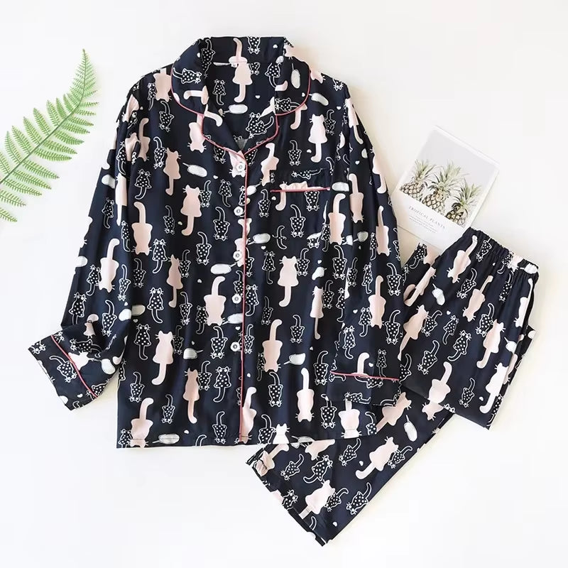 Spring / Summer New 100% Viscose Long-Sleeved Trousers Ladies Pajamas Suit 3XL plus Size Long Sleepwear Women'S Home Nightwear