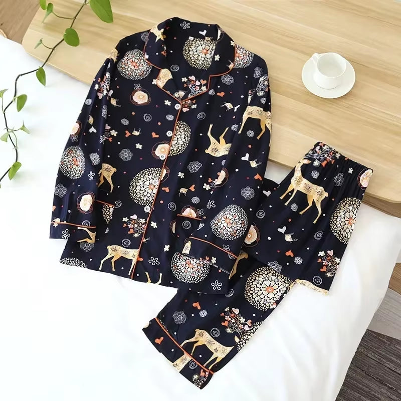 Spring / Summer New 100% Viscose Long-Sleeved Trousers Ladies Pajamas Suit 3XL plus Size Long Sleepwear Women'S Home Nightwear